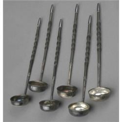 A set of six Sheffield plate toddy ladles, the plain circular bowls with twisted baleen stems, 20...