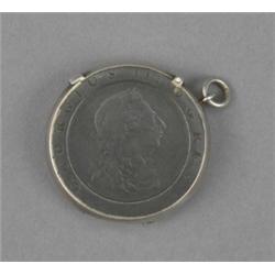 A novelty vesta case, formed from a George III bronze cartwheel penny, 1797, with striker and sus...