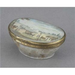 A good brown ivory veined agate D-shaped box, with curved sides and flared foot, gilt metal mount...