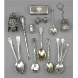 Nine various commemorative spoons; a Russian silver and niello lucifer case, with hinged striker,...