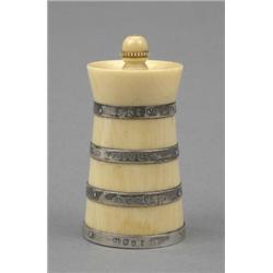 An Edwardian Scottish silver mounted ivory pepper mill, of churn form, with four silver bands, be...