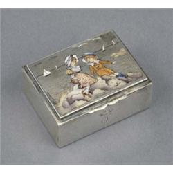 A silver and enamel rectangular box, the hinged cover enamelled with a 'Kate Greenaway' panel of...