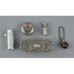 An Edwardian engraved silver circular cosmetic pot, the hinged cover with Scottish hardstone this...