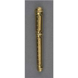 A continental gold needle case, of tapering form, the pull-off cover and domed ends, decorated wi...