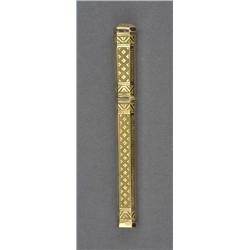 A continental gold needlework case, of canted rectangular form, the pull-off cover engraved with...