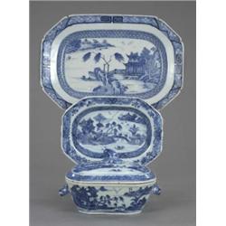 A Chinese canted rectangular sauce tureen and cover, 18cm wide; a canted rectangular deep dish, 2...