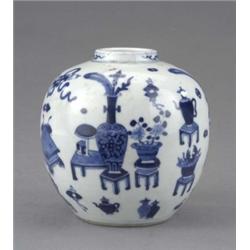 A Chinese blue and white globular jar, painted overall with precious objects and symbols, 12cm hi...
