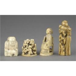 A Chinese marine ivory carving of a young woman wearing flowing robe resting against a rock, 7cm,...