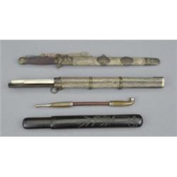 A 19th century Chinese shagreen case, containing knife and pair of ivory chopsticks, 31cm; a Chin...