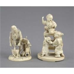 A Japanese ivory okimono carved as a basket seller, wearing engraved tunic, resting on a tree stu...