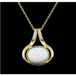 Opal and Diamond Pendant With Chain - 14KT Yellow Gold