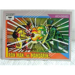 MARVEL COLLECTOR CARD IN CLEAR SLEEVE - 1991 IMPEL - NEAR MINT - #118 - IRON MAN VS MANDARIN