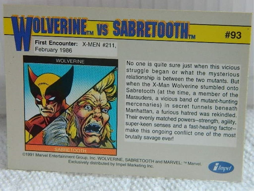 MARVEL COLLECTOR CARD IN CLEAR SLEEVE - 1991 IMPEL - NEAR MINT - #93 -  WOLVERINE VS SABRETOOTH