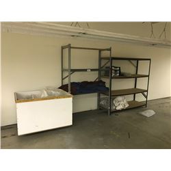 2 SHELVES, BIN, ROLLING CART, WORK TABLE, PLYWOOD, CHAIRS & UTILITY TABLE WITH CONTENTS