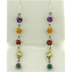 Long Rainbow Gemstone Dangle Earrings in 14K White Gold