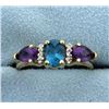 Image 1 : Blue Topaz, Amethyst, and Diamond Ring in 14K Yellow Gold