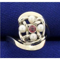 Pearl and Ruby Ring in 14K White Gold