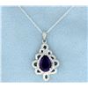 Image 1 : Amethyst and Diamond Sterling Pendant with Chain