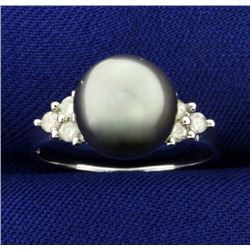 Tahitian Pearl and Diamond Ring in 14k White Gold