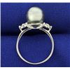 Image 3 : Tahitian Pearl and Diamond Ring in 14k White Gold