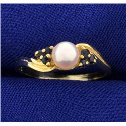 Pearl and Sapphire Ring in 14K Yellow Gold