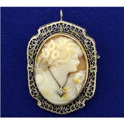 Antique Diamond Cameo Pendant or Pin in 14K White Gold