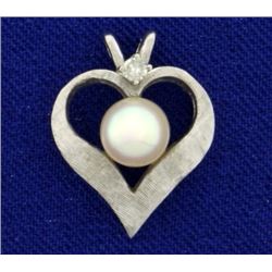 Akoya Pearl and Diamond Heart Pendant in 14K White Gold