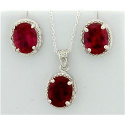 Lab Ruby Oval Cut 7x9MM Earring and Pendant Vintage Style SET with Diamonds in Sterling Silver