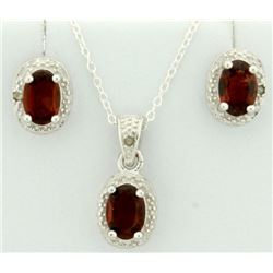 Garnet 1.4CT TW Earring and Pendant SET with Diamonds in Sterling Silver