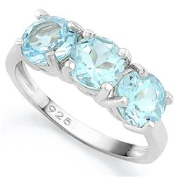 Large 3CTW Baby Swiss Blue Topaz 3 Stone Ring in Sterling Silver