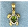 Image 1 : Peridot Sea Turtle Charm or Pendant in 14K Yellow and White Gold