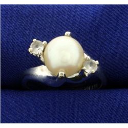 Akoya Pearl and White Sapphire Ring in 14k White Gold