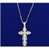 Image 1 : Highly Embellished Cross Pendant and Box Link Chain in 14k White Gold