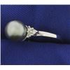 Image 2 : Tahitian Pearl and Diamond Ring in 14k White Gold
