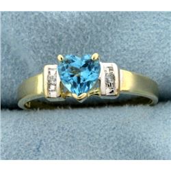 Heart Shaped Swiss Blue Topaz and Diamond Ring in 14K Yellow and White Gold