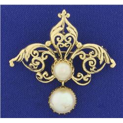 Antique Two Pearl Pendant or Pin in 14K Yellow Gold