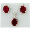 Image 1 : Lab Ruby Oval Cut 7x9MM Earring and Pendant Vintage Style SET with Diamonds in Sterling Silver
