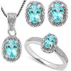 Sky Blue Topaz and Diamond Ring Earring and Necklace SET in Sterling Silver