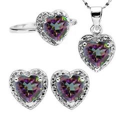 Heart Cut Mystic Topaz and Diamond Ring Earring and Necklace Set in Sterling Silver