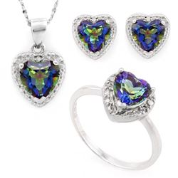 Heart Cut Ocean Mystic Topaz and Diamond Ring Earring and Necklace Set in Sterling Silver