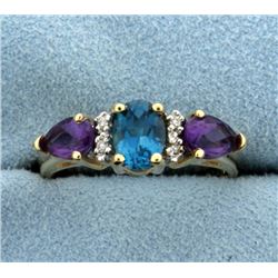 Blue Topaz, Amethyst, and Diamond Ring in 14K Yellow Gold