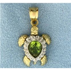 Peridot Sea Turtle Charm or Pendant in 14K Yellow and White Gold