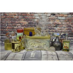 Assorted Tins, Bottles, Glassware