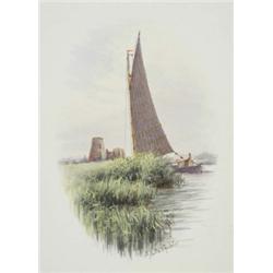 Stephen John Batchelder (1849 - 1932), St. Benets, River Bure, with wherry, windmill and ruin bey...