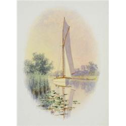 Stephen John Batchelder (1849 - 1932), Stalham Dyke, a wooded evening scene with figures and sail...