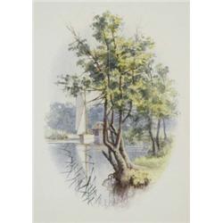 Stephen John Batchelder (1849 - 1932), Salhouse Broads, a wooded summer scene with sailing boat,...
