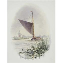 Stephen John Batchelder (1849 - 1932), Barton Broad, a blustery day with wherry, windmill and chu...