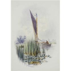 Stephen John Batchelder (1849 - 1932), Near Barton Broad, a summer scene with wherry and windmill...
