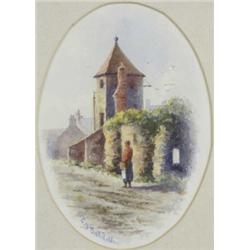 Stephen John Batchelder (1849 - 1932), A Norfolk Fishing Village, with figure by an old tower, si...