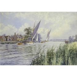 Stephen John Batchelder (1849 - 1932), Horning Ferry, River Bure, a summer scene with figures and...